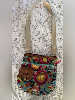 Lily Bloom Teal Floral Crossbody with Brown Trim